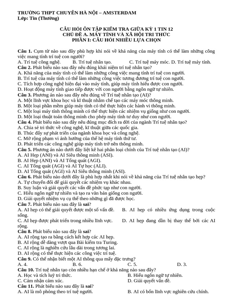 ĐỀ CƯƠNG TIN 12 GKI 1 | PDF