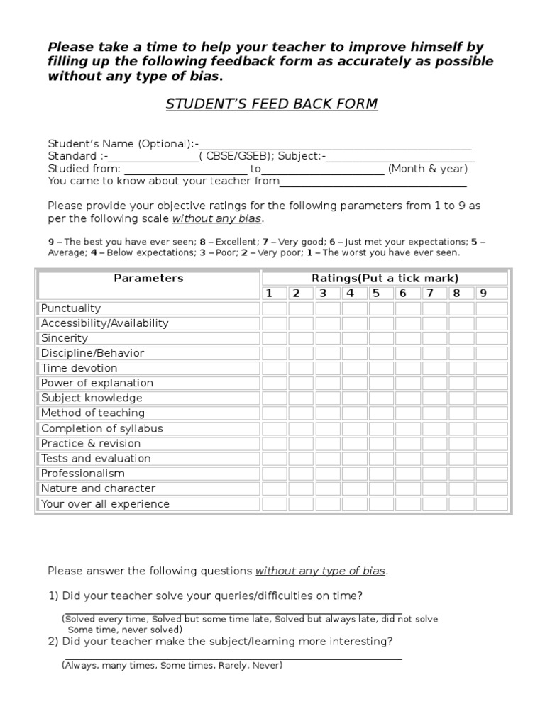 Student Feedback Form for Teachers | PDF | Career & Growth