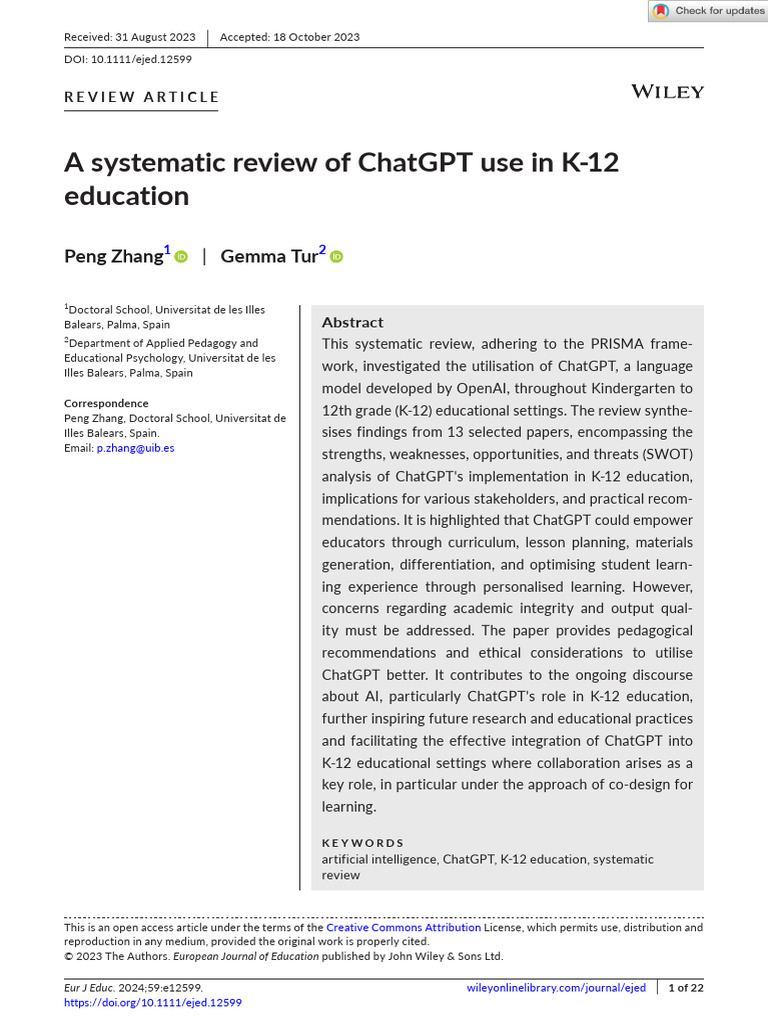 ChatGPT in K-12 Education: A Systematic Review | PDF | Systematic ...