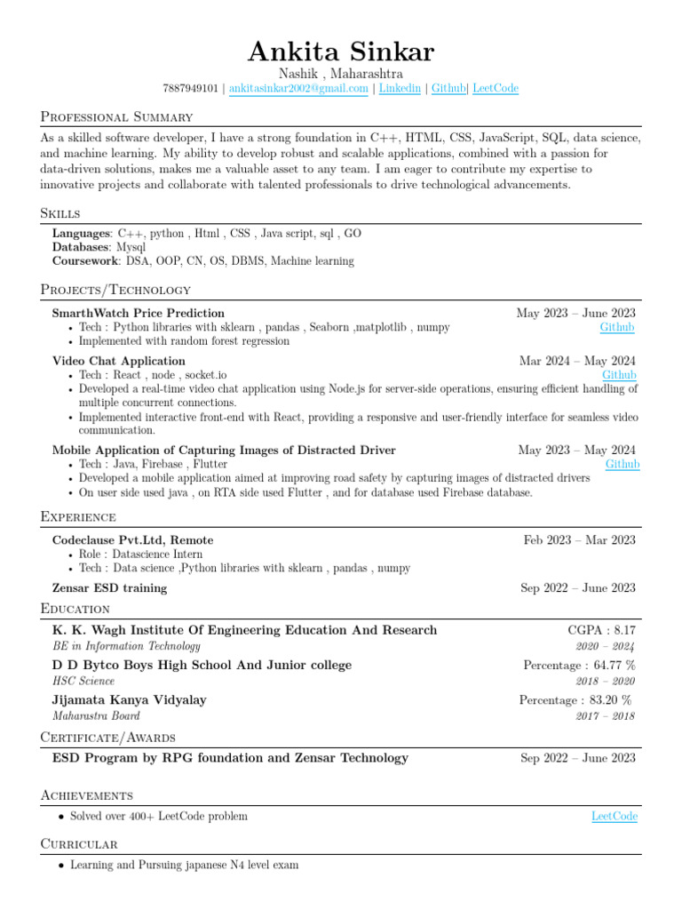 Ankita Sinkar: Software Developer Profile | PDF | Databases | Software
