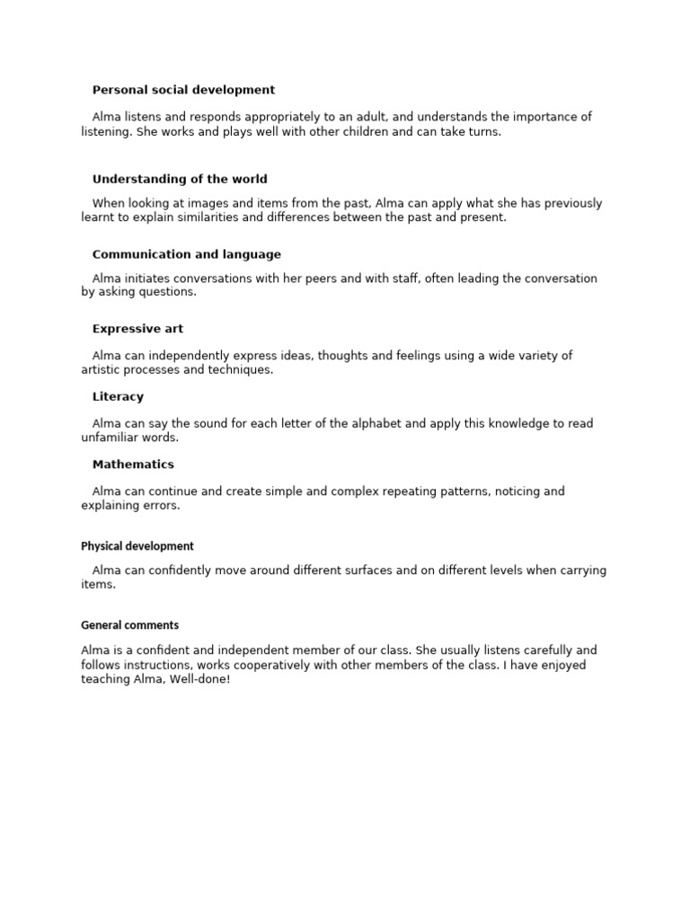 Early Childhood Progress Report Template