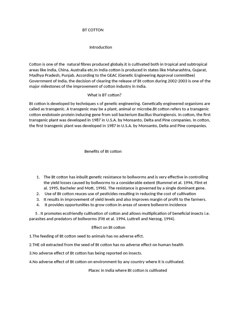 Bt Cotton Pdf Cotton Genetically Modified Organism