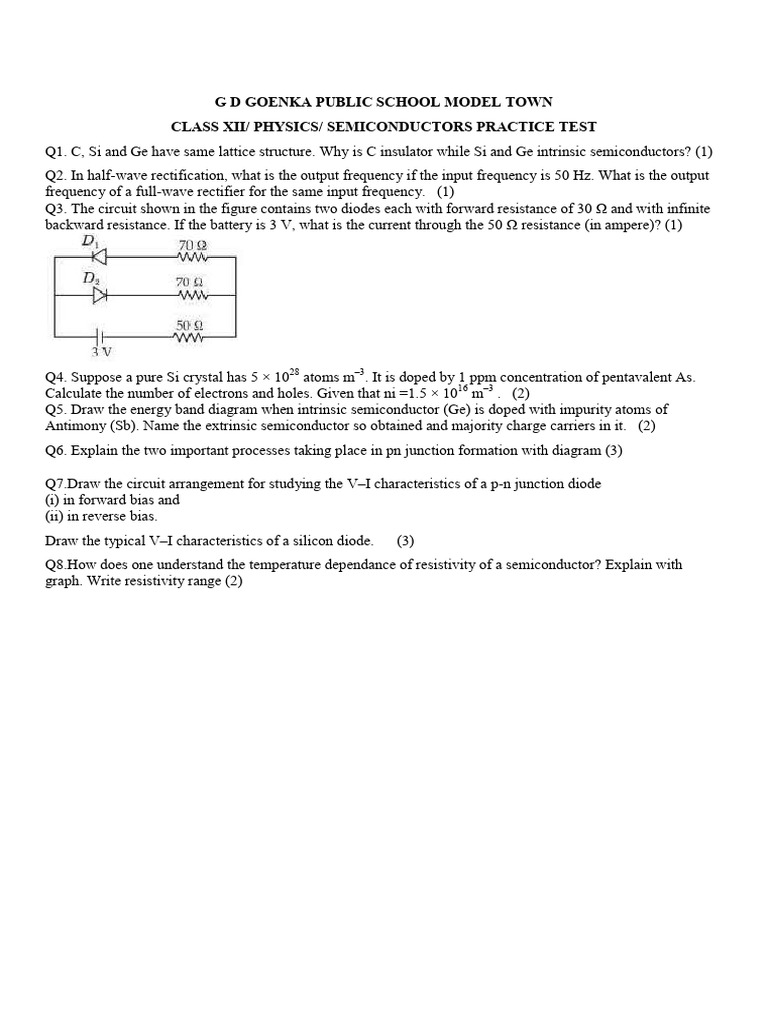Class XII Physics Practice Tests on Semiconductors and Radiation | PDF ...
