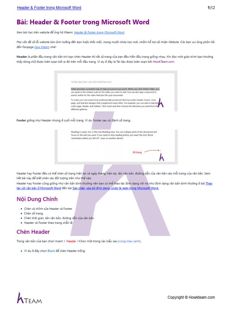 HOWKTEAM.VN - Header & Footer trong Microsoft Word | PDF