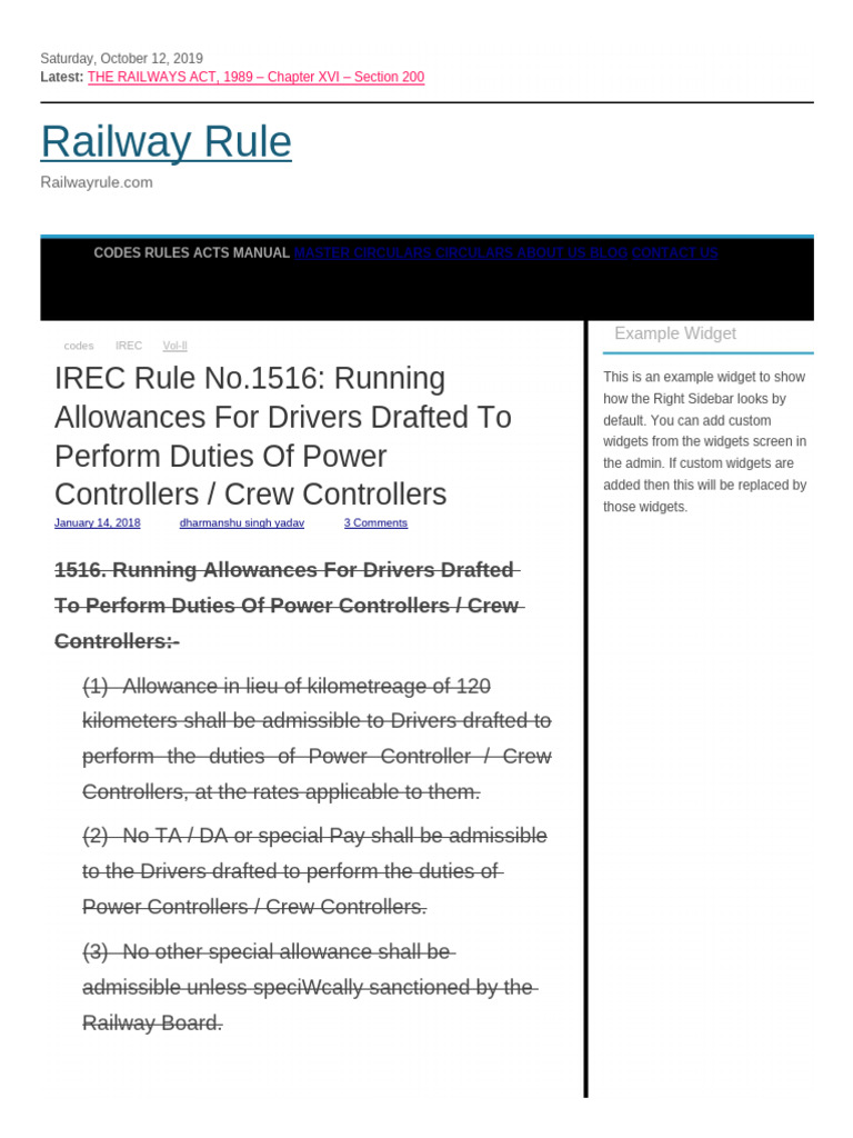 IREC Rule No.1516 - Running Allowances For Drivers Drafted To Perform ...