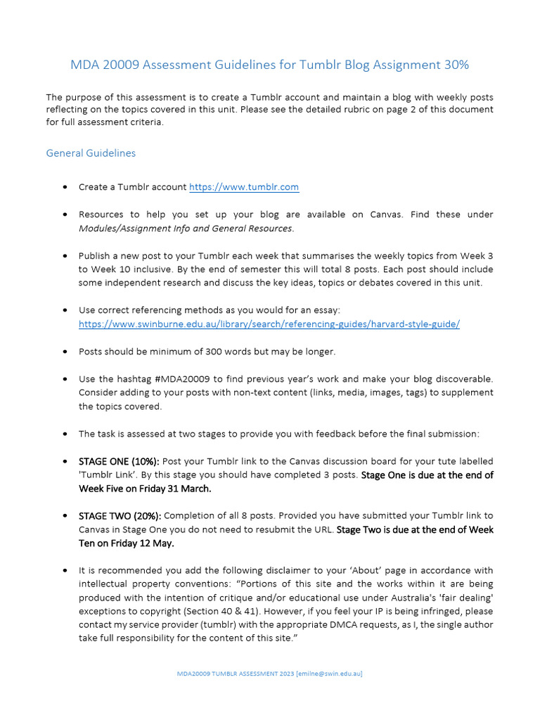 MDA 20009 Guide To Tumblr Blog Assessment 2023 | PDF | Intellectual ...