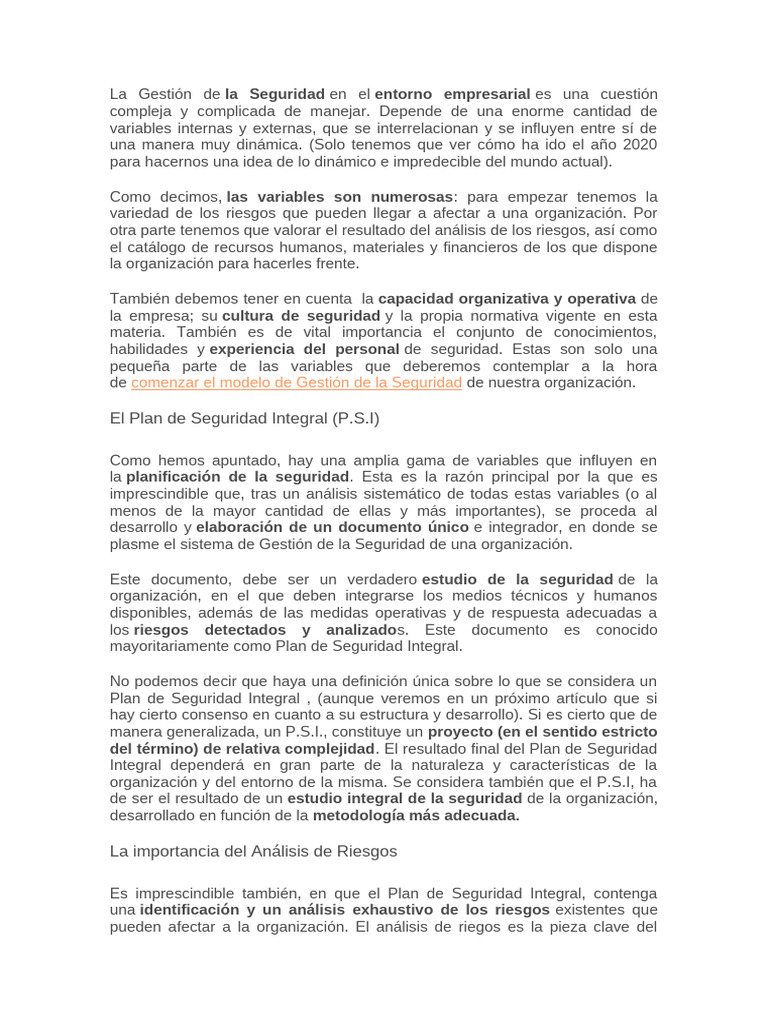 Plan de Seguridad Integral en Empresas | PDF | Valores | Planificación