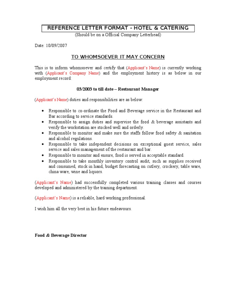 Restaurant Manager Recommendation Letter | PDF
