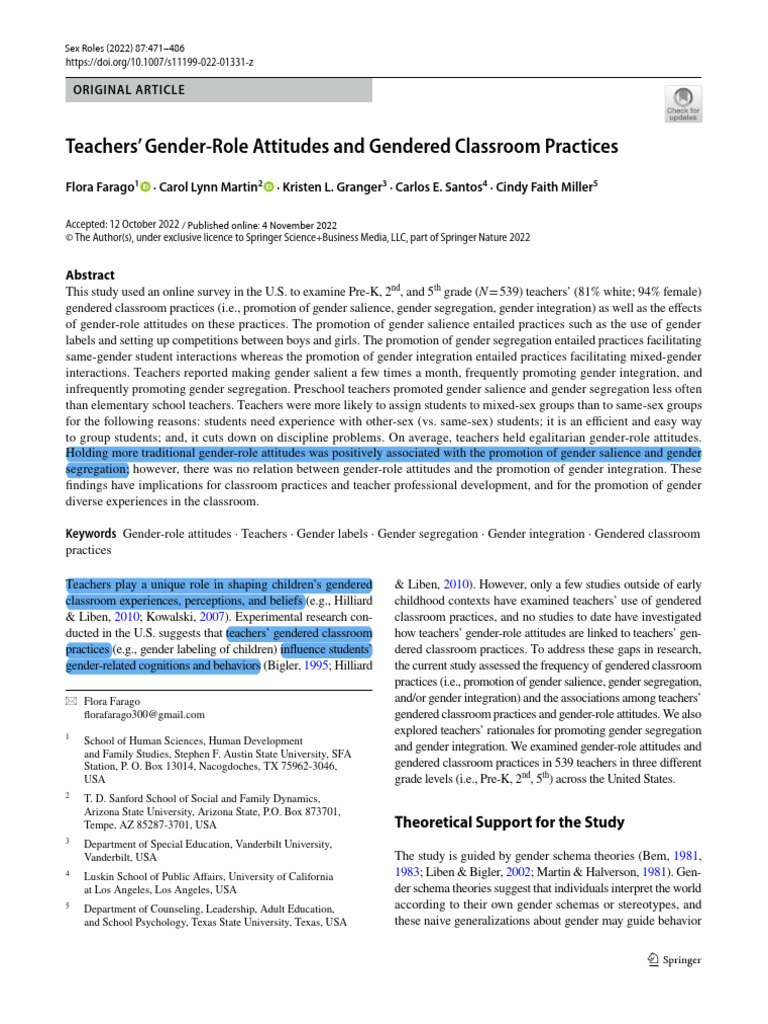 Teachers' Gender Roles in Classrooms | PDF | Gender Role | Attitude ...