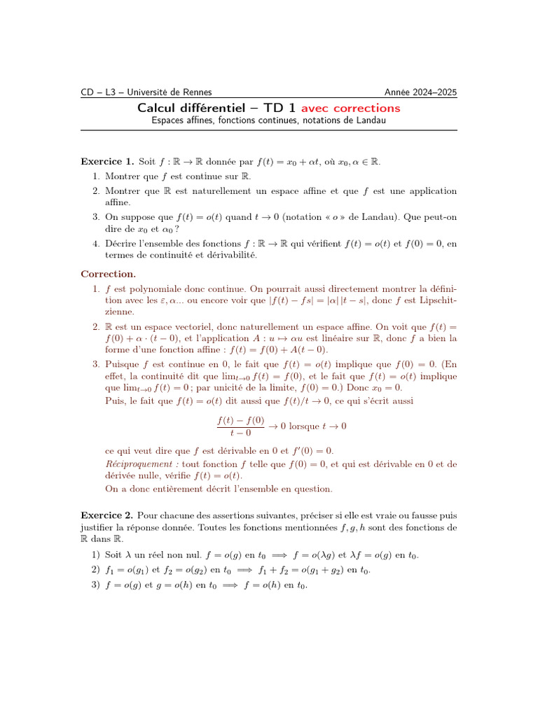 Calcul Différentiel : TD 1 et Corrections | PDF | Algèbre linéaire ...