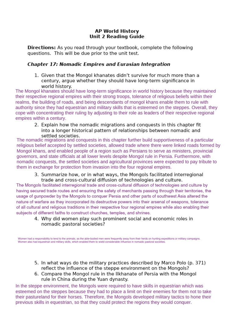 Unit 2 Reading Guide | PDF | Mongol Empire | China