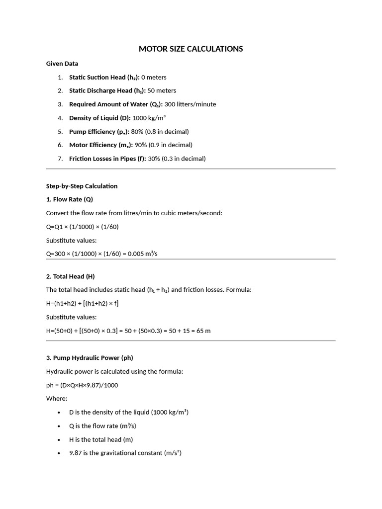Motor Pump Sizing Calculations | PDF