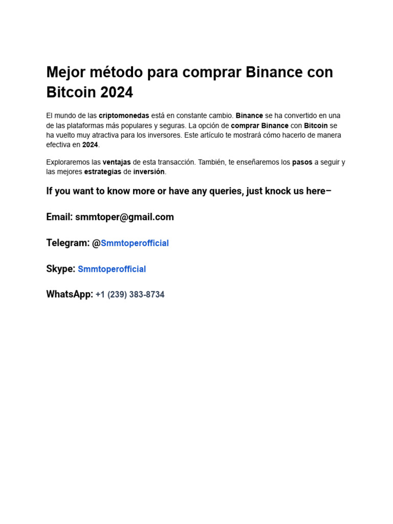Mejor Método para Comprar Binance Con Bitcoin 2024 | PDF | Portafolio  (Finanzas) | Bitcoin