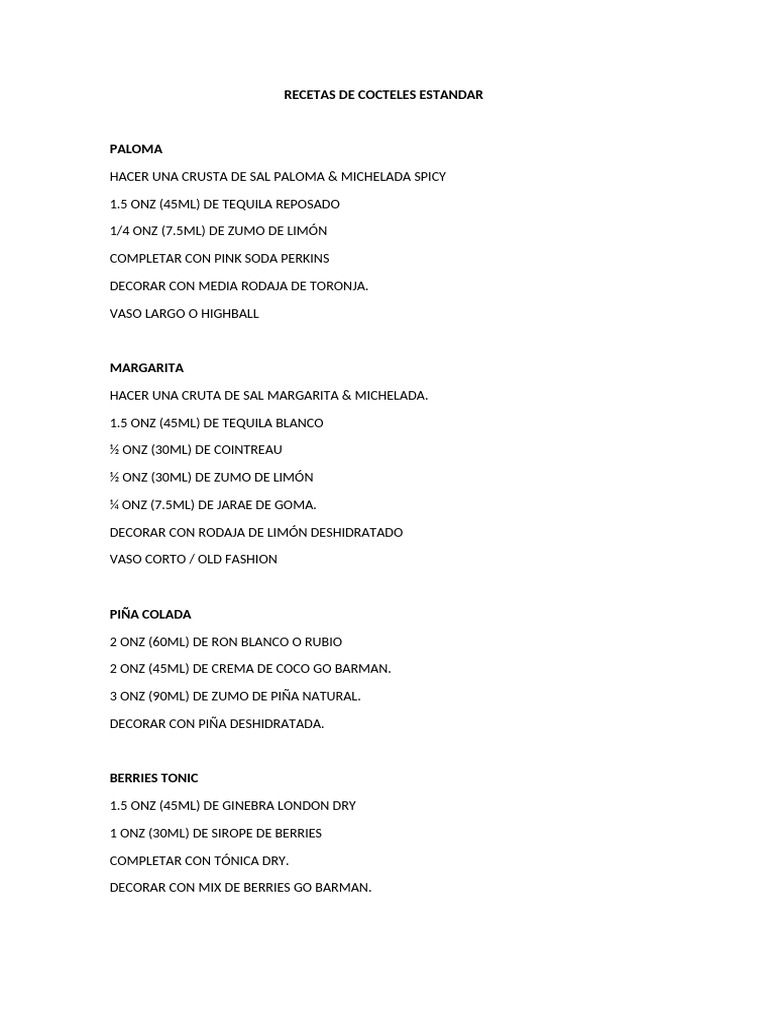 Recetas de Cocteles Estandar | PDF