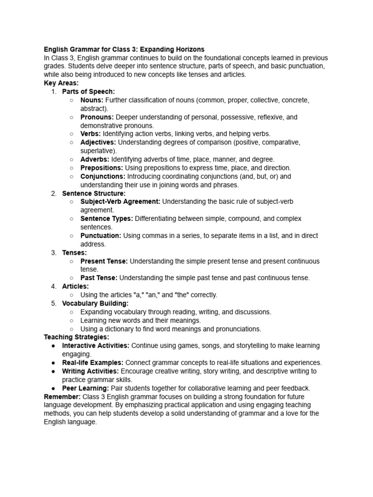 English Grammar For Class Three | PDF | English Grammar | English Language