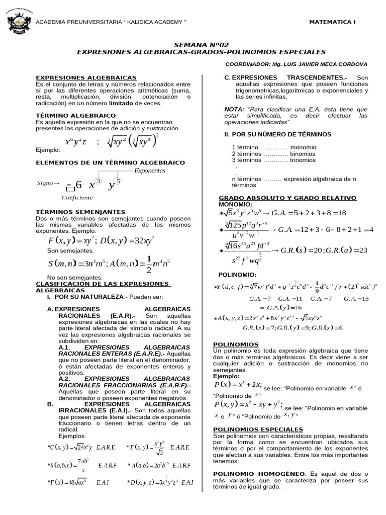 Expresiones Algebraicas y Polinomios | PDF | Álgebra abstracta ...