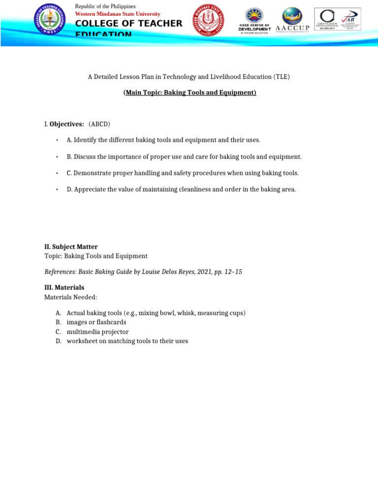Detailed Lesson Plan: Baking Tools | PDF | Lesson Plan | Teachers