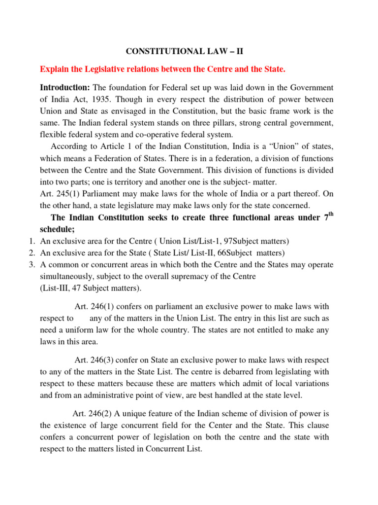 Centre-State Legislative Relations Explained | PDF | Government ...