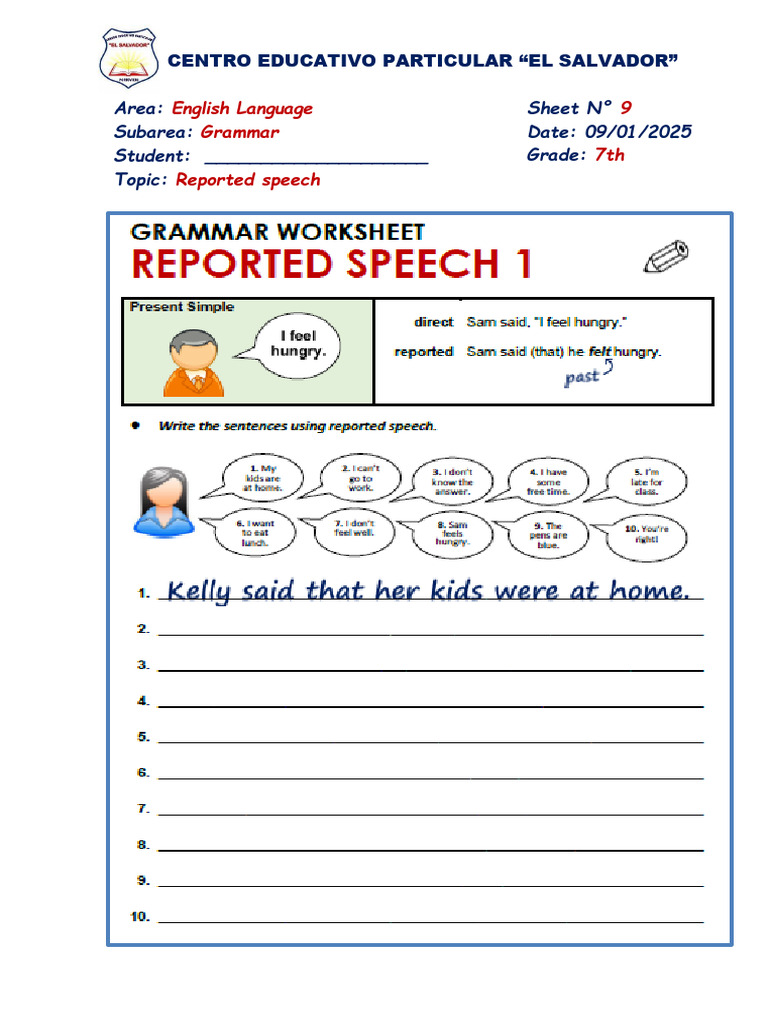 Reported Speech Grammar Worksheet | PDF