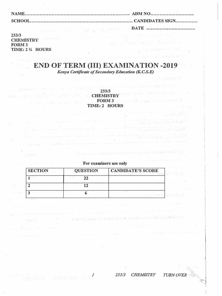Form 3 Chemistry End Term Exam 2019 | PDF | Titration | Chemistry
