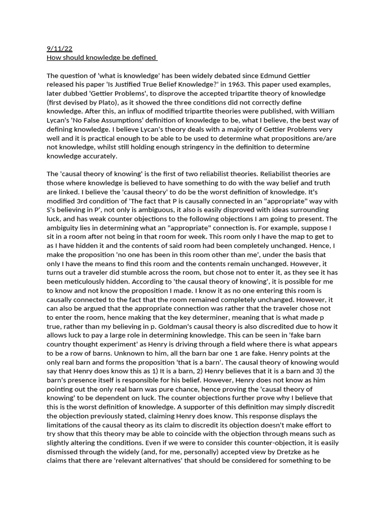 Defining Knowledge: Theories and Critiques | PDF | Knowledge | Epistemology