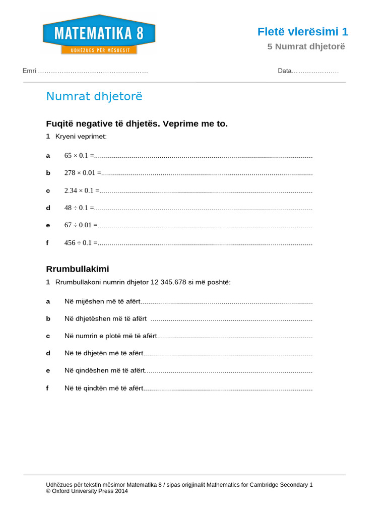 0501 - Flete Vleresimi 1 - Numrat Dhjetore | PDF