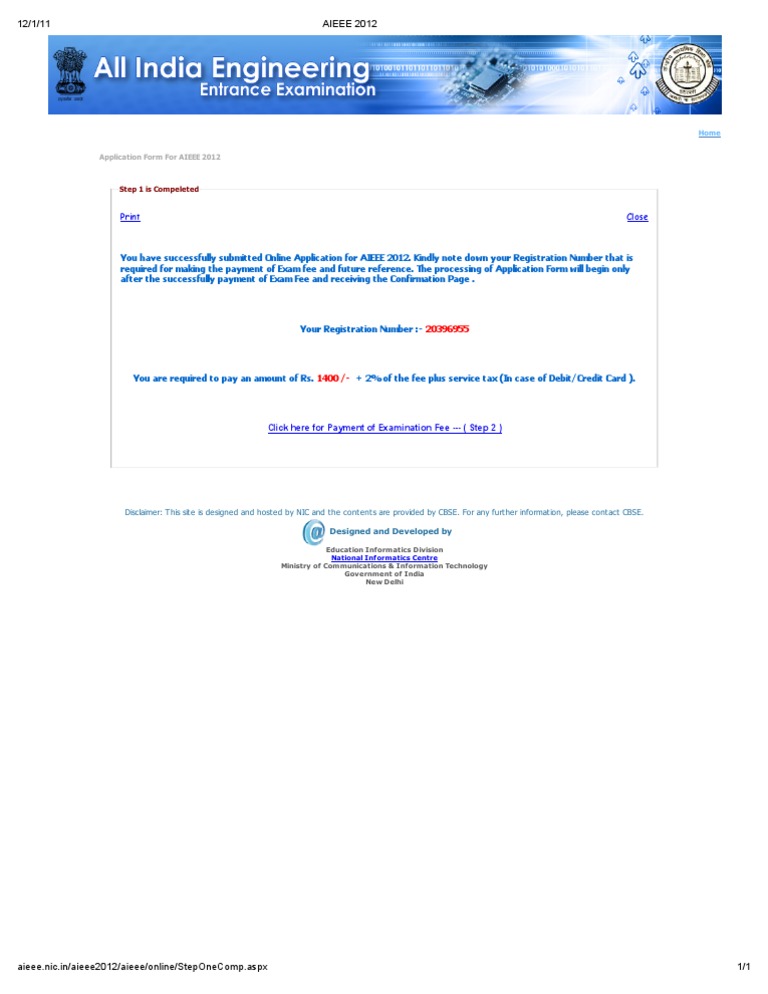 AIEEE 2012 Registration Fee Details | PDF