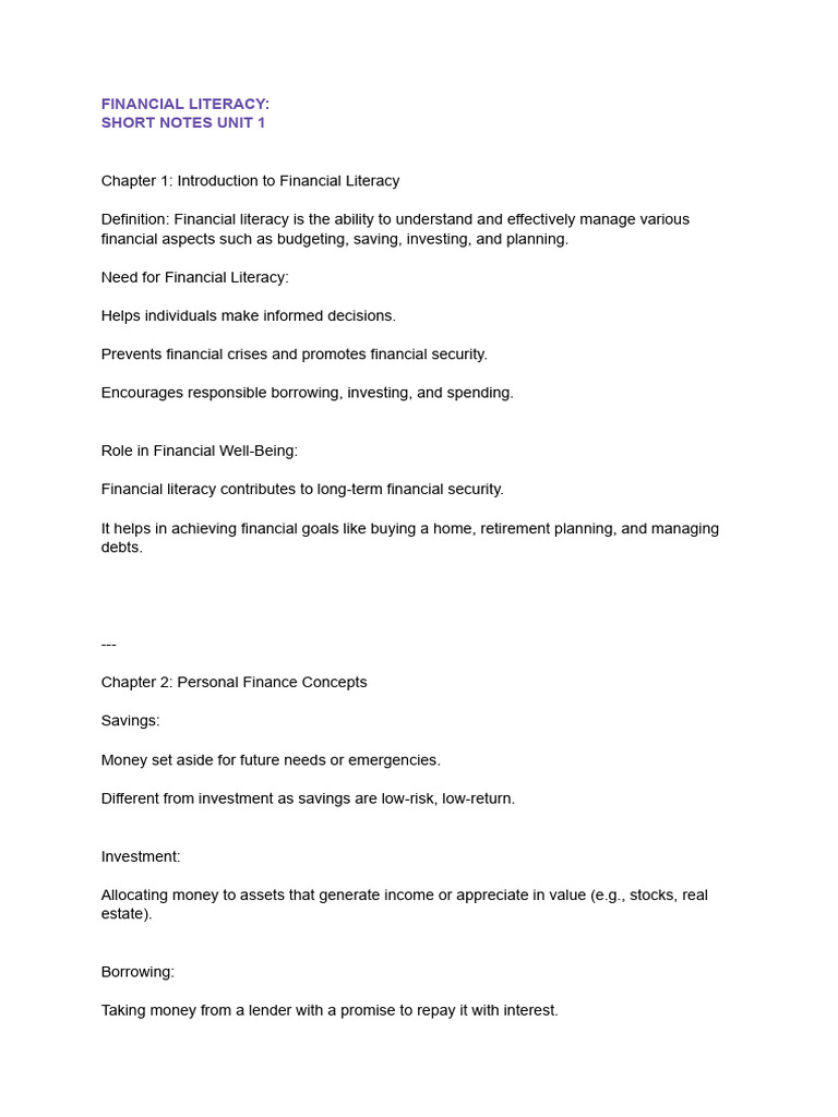 Financial Literacy Unit 1 Overview | PDF | Cost Of Living | Investing