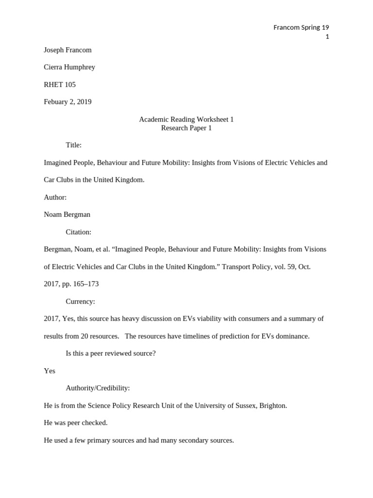 Academic Reading Worksheet 2 Francom Research Paper 1 | PDF | Behavior ...
