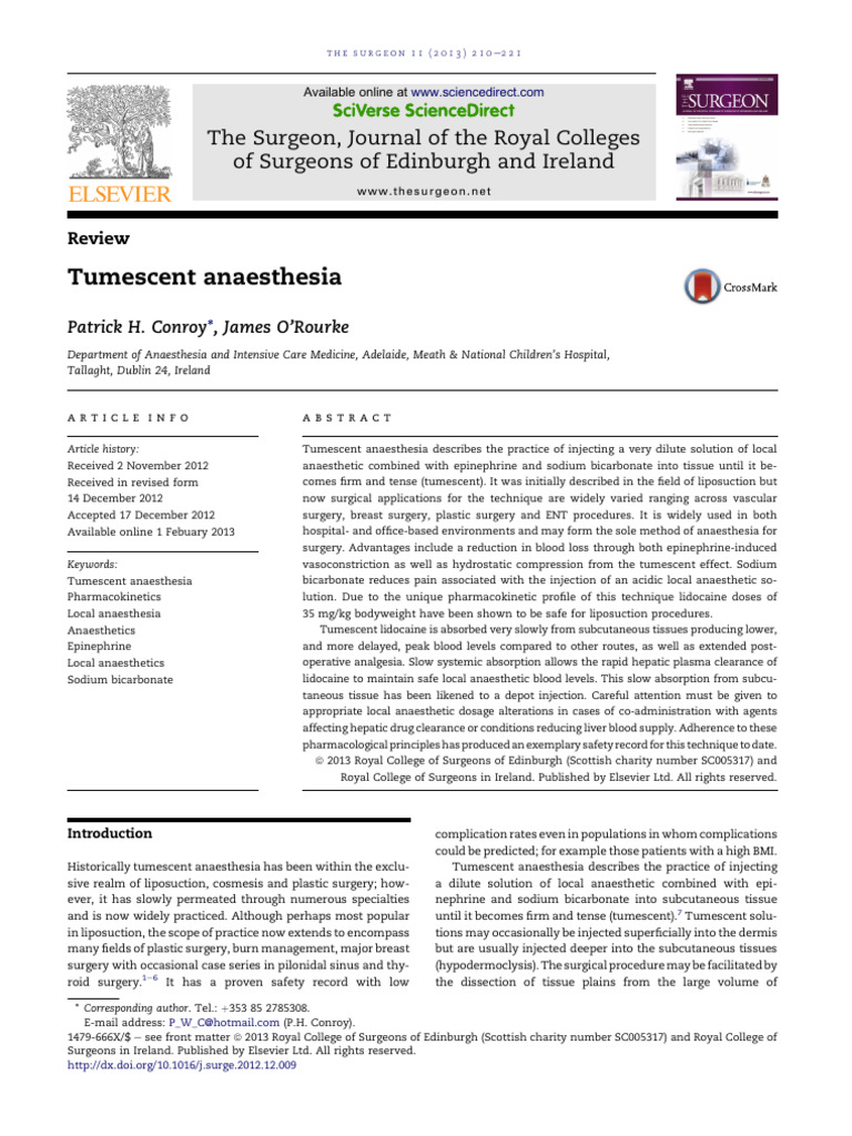 Tumescent Anaesthesia Pdf Anesthesia Surgery