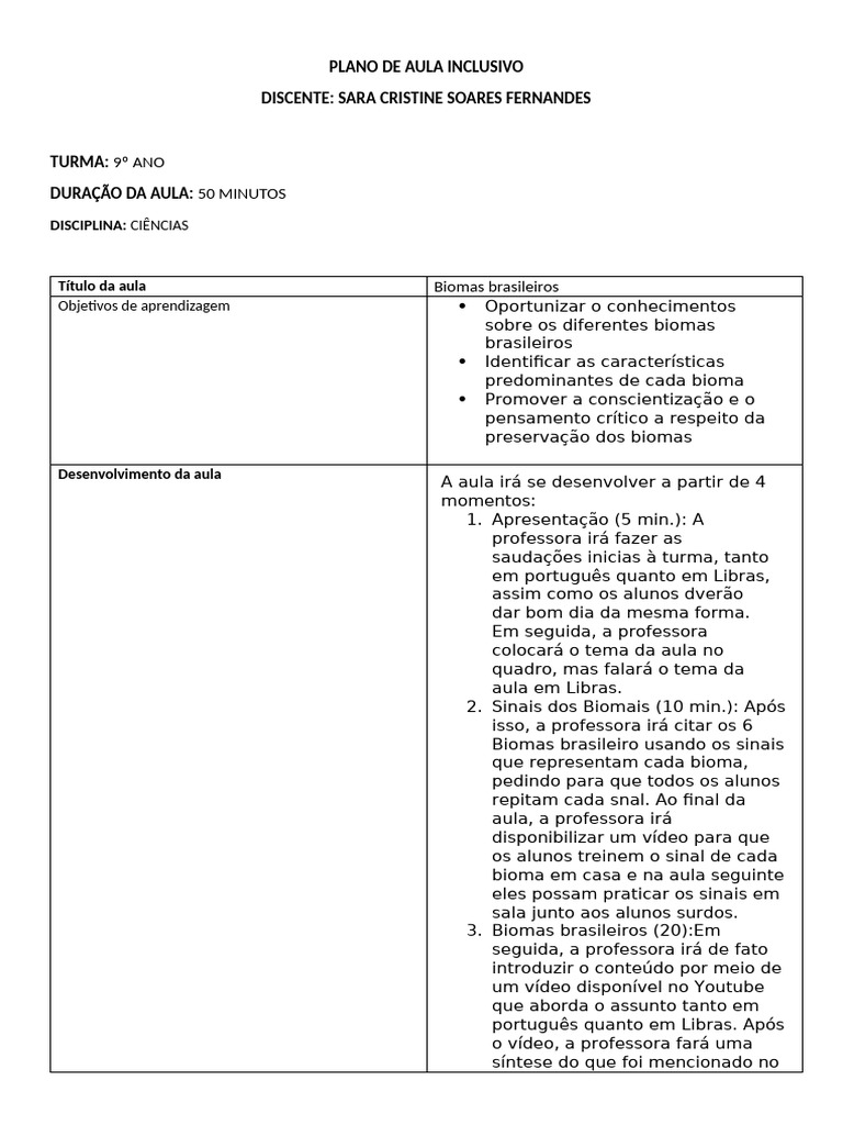 Plano de Aula Inclusivo - Sara Cristine | PDF