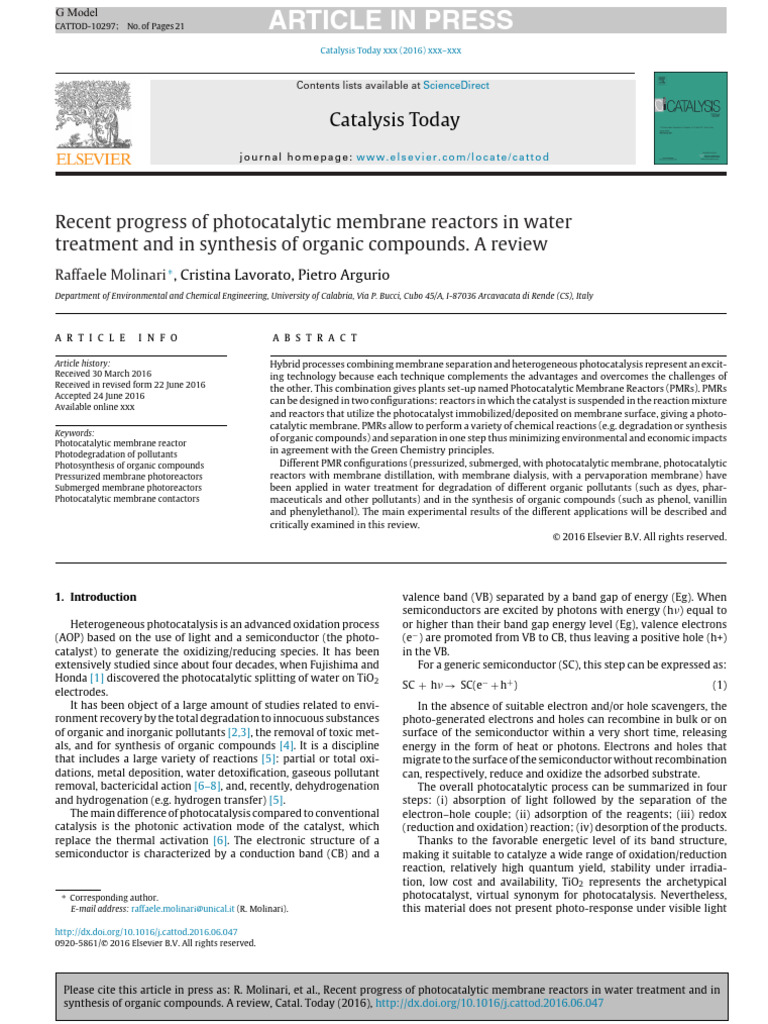 Recent Progress of Photocatalytic Membrane Reactors in Water | PDF ...