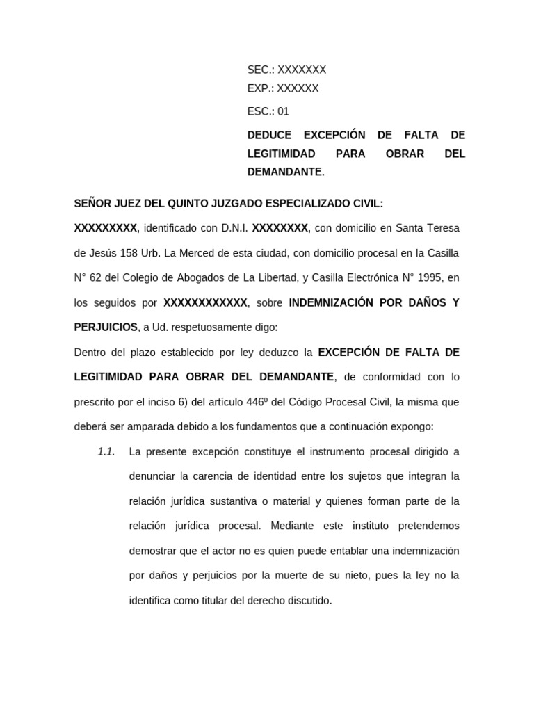Excepcion de Falta de Letimidad para Obrar Del Demandante | PDF ...