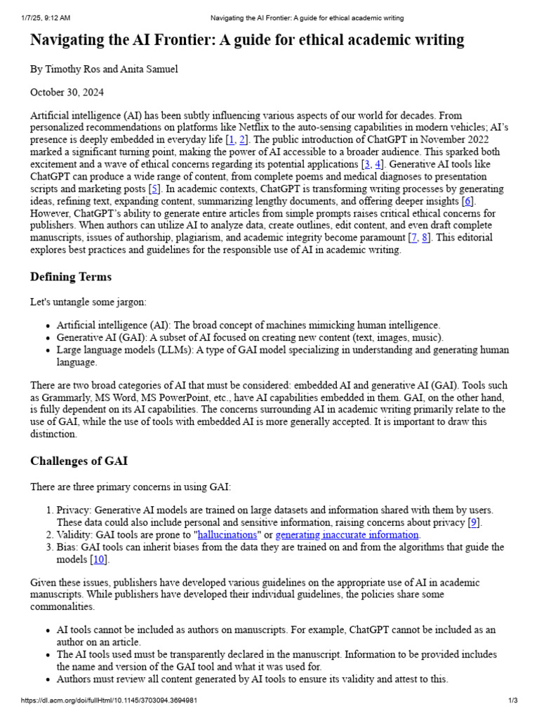 Navigating The AI Frontier - A Guide For Ethical Academic Writing | PDF ...