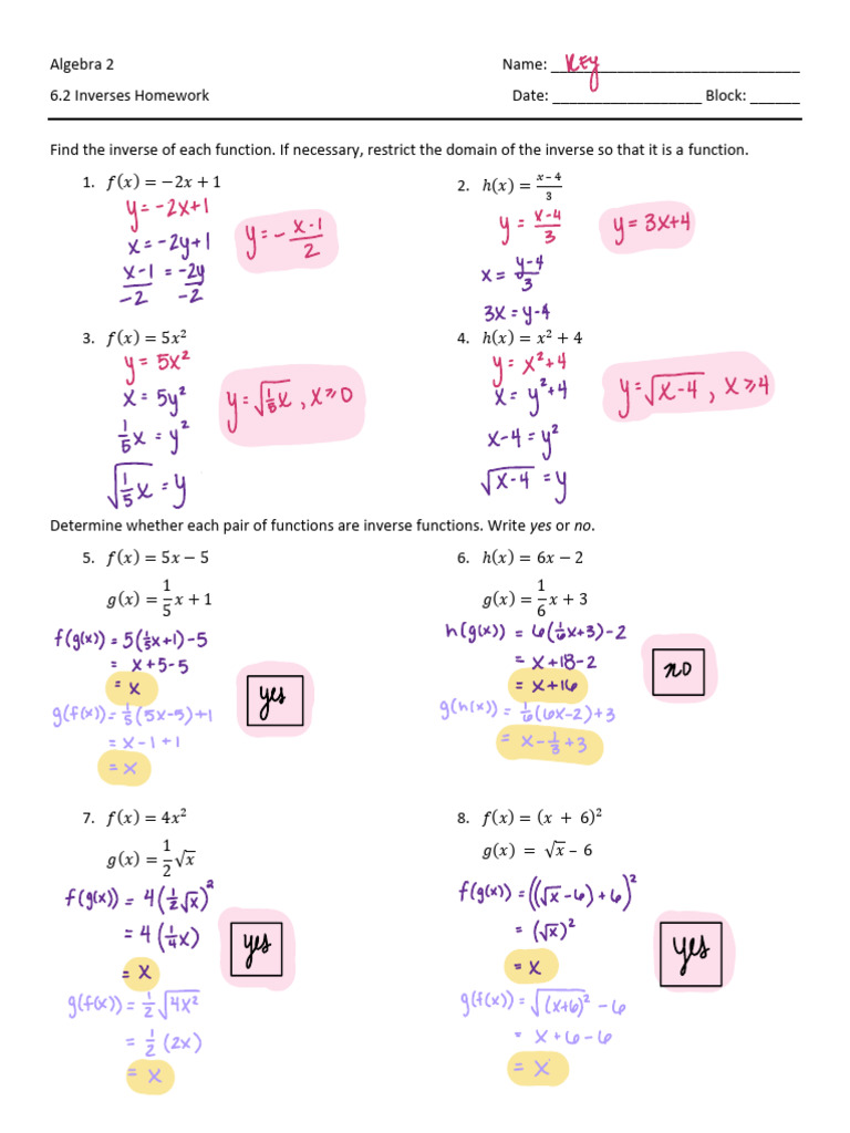 6.2 Inverses Homework KEY | PDF | Function (Mathematics) | Mathematical ...