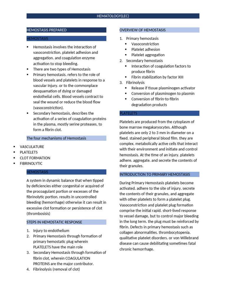 Understanding Hemostasis in Hematology | PDF | Coagulation | Platelet