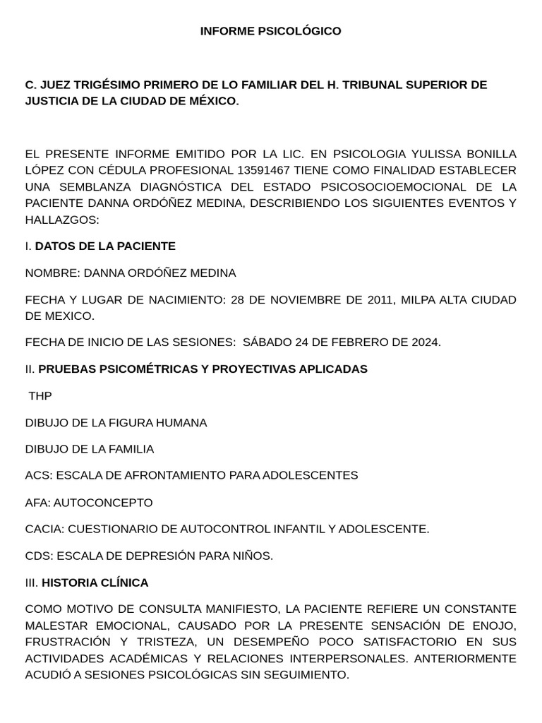 Informe Psicológico de Danna Ordóñez | PDF | Las emociones | Depresión ...