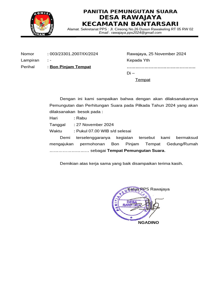 Permohonan Pinjam Tempat TPS Pilkada 2024 | PDF
