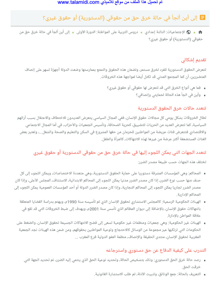 إلى أين ألجأ في حالة خرق حق من حقوقي (الدستورية) أو حقوق غيري؟ | PDF