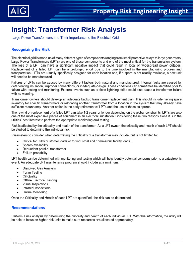 Transformer Risk Analysis for Utilities | PDF | American International ...