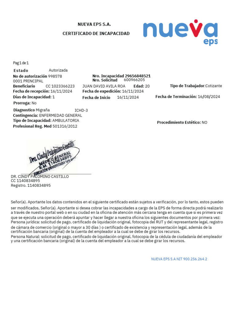 Certificado de Incapacidad - Nueva EPS | PDF
