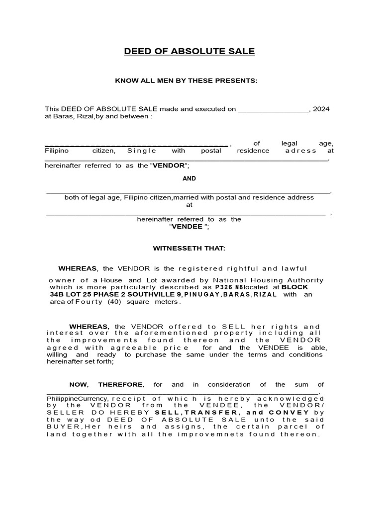 Deed of Absolute Sale Template | PDF | Assignment (Law) | Consent