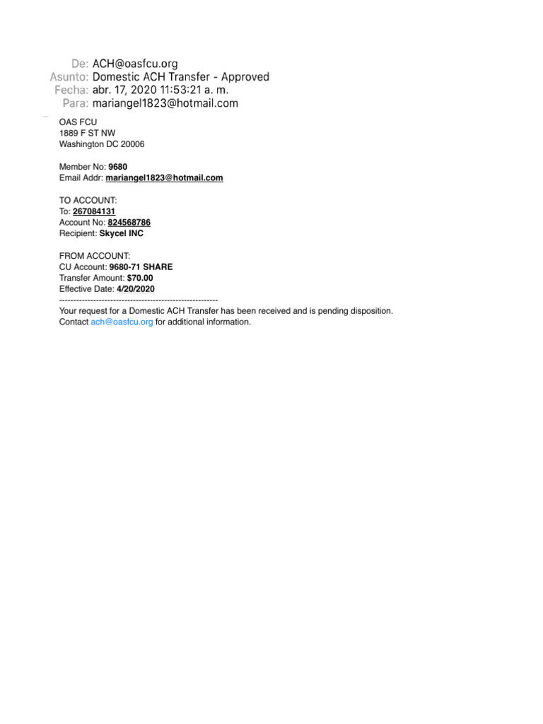 Domestic ACH Transfer - Approved | PDF