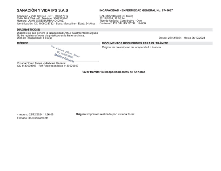 Incapacidad por Gastroenteritis Aguda | PDF