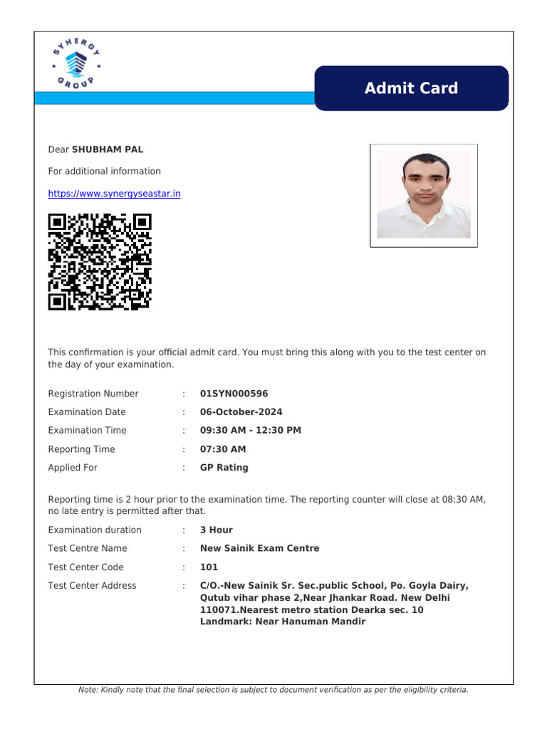 Synergy Admit Card for GP Rating Exam | PDF