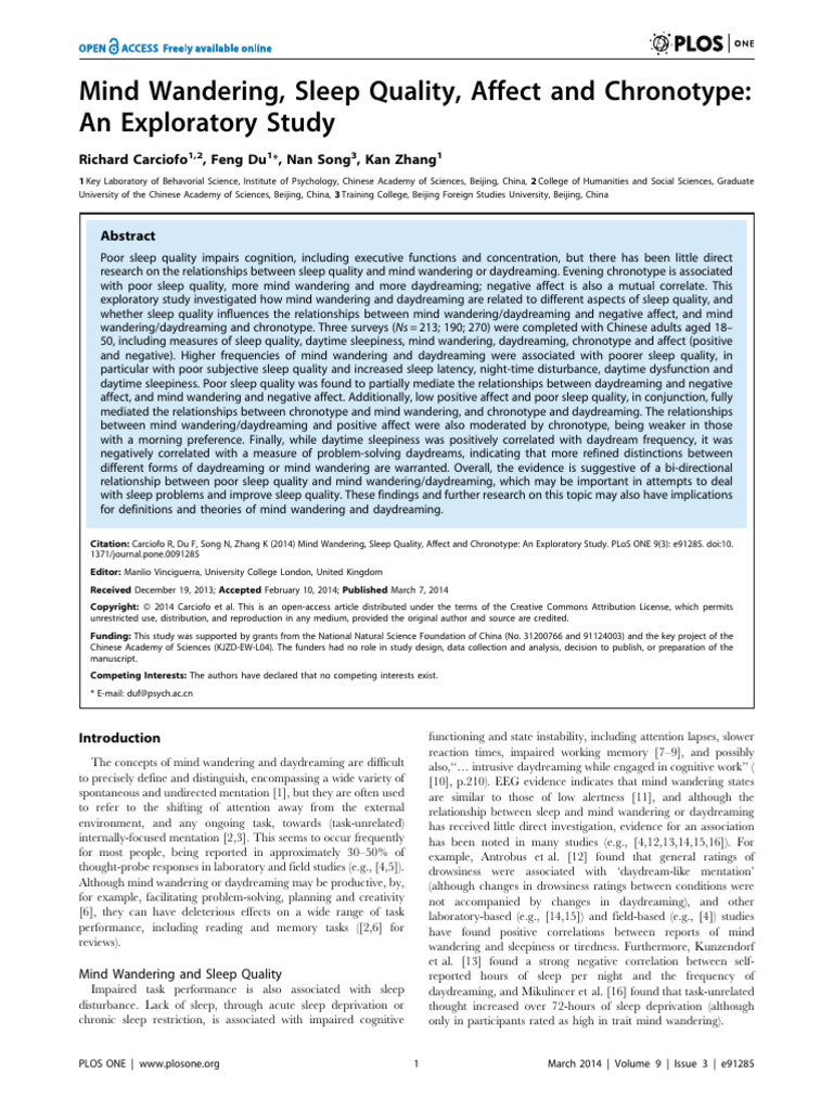 Mind Wandering, Sleep Quality, Affect and Chronotype: An Exploratory ...