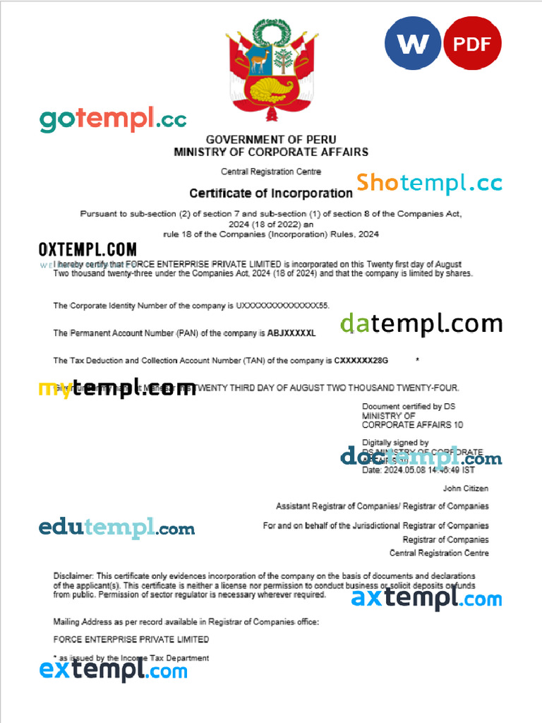 Doctempl - Peru Business Registration Certificate Word and PDF Template ...