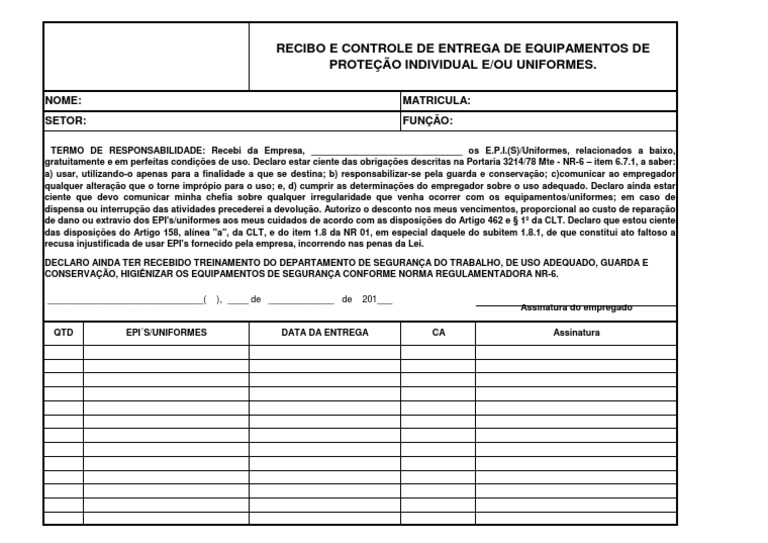 Modelo de Ficha para entrega de EPI's