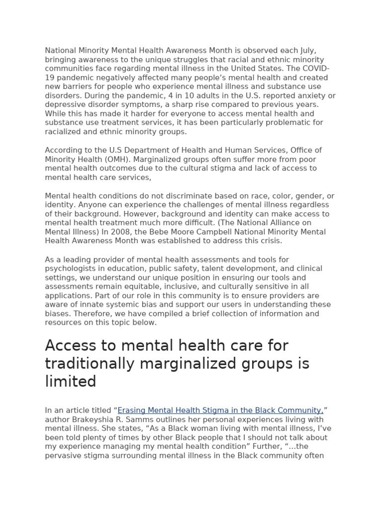 Minority Mental Health | PDF | Mental Disorder | Mental Health