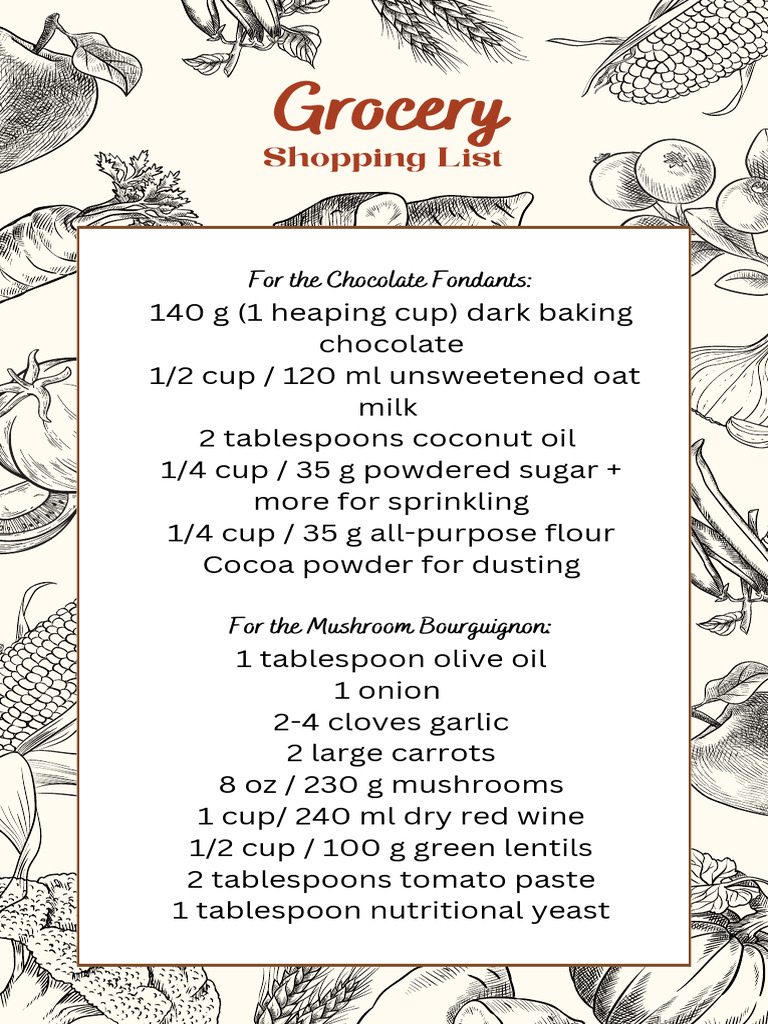 Recipe - Romantic French Vegan Dinner - Grocery+Shopping+List+ | PDF